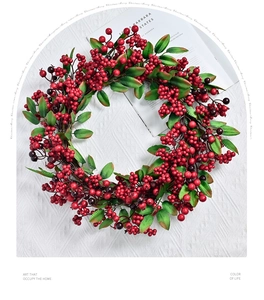 Close-up of a Christmas wreath with vibrant red berries and green leaves on white background