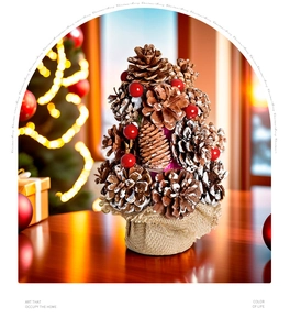 Close-up of mini pine cone Christmas tree with red berries and burlap base for holidays