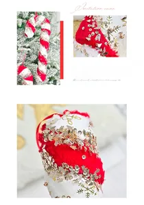 Detail of candy cane plush ornament with red white stripes and sequin snowflakes
