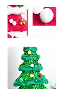 Detail of plush Christmas tree ornaments with colorful pom-poms and sequins