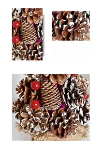 Detail of pine cone Christmas tree with faux snow, red berries and burlap base