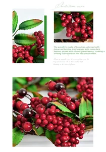 Detailed view of red and purple berries with green leaves on a brown branch wreath