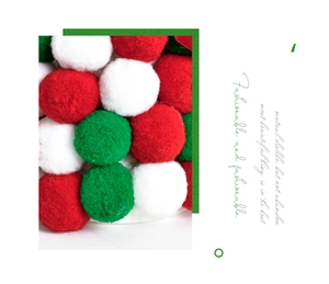 Close-up of soft red, green, and white polyester pom-pom ornaments for Christmas DIY