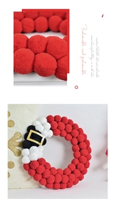 Detail of plush Santa Claus theme pom-pom wreath with soft red, white and black texture