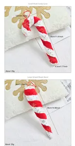 Detail of candy cane plush Christmas ornaments with gold snowflake embroidery and stripes