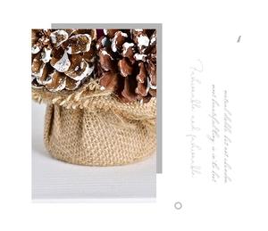 Detail of pine cone decoration with faux snow and rustic burlap base texture