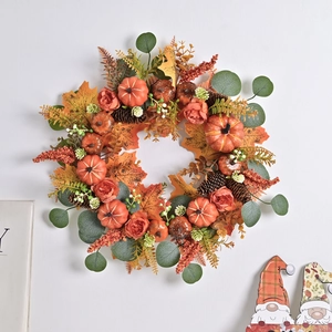 Autumn Wreath Artificial Pumpkin Maple Leaf Pine Cone For Front Door Thanksgiving Halloween Wall Hanging Harvest Home Decor