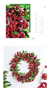 Macro detail of Christmas wreath with red berries, green leaves and woody twigs