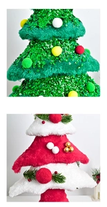 Detail shot of plush Christmas trees with sequins and colorful pom poms on white background