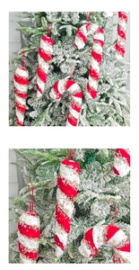 Detail of red and white candy cane plush ornaments with gold sequins on Christmas tree