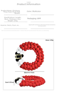 Detail of 36cm Christmas wreath made of red white and black plush balls with gold buckle