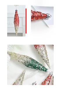 Macro shot of glittery teardrop Christmas ornaments with festive sequins and silver hooks