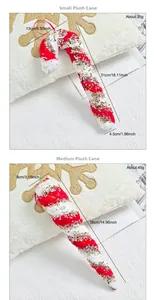 Detail of red and white plush Christmas cane ornaments with gold sequins in two sizes