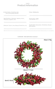 Detail of a 45cm Christmas wreath with red berries, green leaves, and natural rattan base
