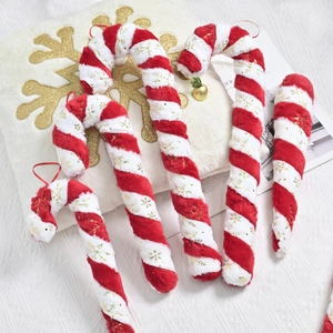Christmas Plush Candy Cane Hanging Decoration Red White Striped Ornament With Sequin Snowflake Bell For Xmas Tree Indoor Party Home Decor