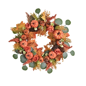 Fall wreath with orange pumpkins, maple leaves, pine cones, and red roses for front door decor