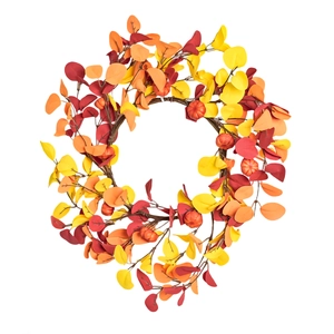 Autumn pumpkin wreath with orange eucalyptus leaves for harvest festival and window decoration