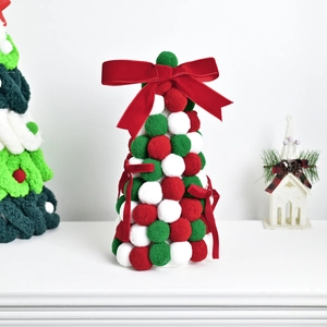 Handmade Pom-pom Christmas Tree Desktop Ornament With Red Bow Polyester Colorful Table Xmas Tree Decoration For Home Office