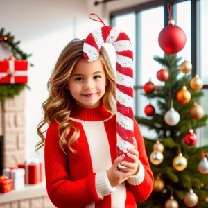 Large plush red and white striped candy cane Christmas tree decoration held by a girl