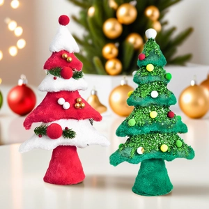 Mini plush and sequin Christmas tree desk ornaments with colorful pom poms and gold balls