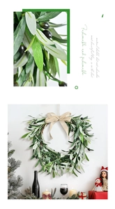 Close-up detail of artificial olive leaf wreath with linen bow for Christmas decor