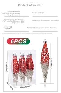 Detail of 6pcs red and silver glitter waterdrop Christmas ornaments with dimensions