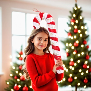 Plush red and white striped Christmas candy cane ornament with gold glitter held by child