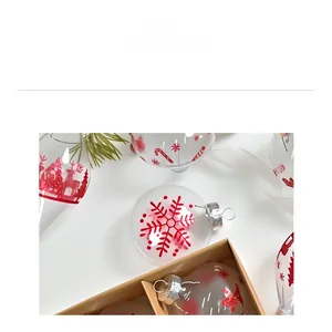 Detail of transparent Christmas ornaments with red reindeer and snowflake patterns