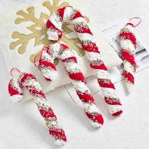 Christmas Plush Candy Cane Hanging Decorations Red White Striped Fabric Ornaments With Gold Snowflake Sequins Holiday Decor