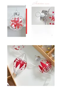 Detail of transparent PET Christmas ornaments with red glitter snowflakes and reindeer