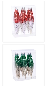 Close-up of teardrop Christmas ornaments with glitter finish in red, white and green