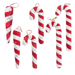 6-piece red and white plush candy cane Christmas ornaments with gold snowflake and bells