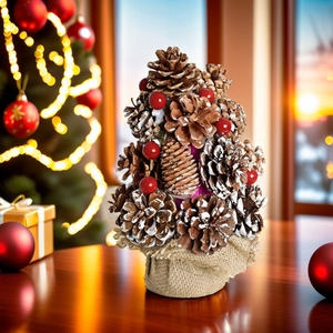 Mini pine cone Christmas tree with red berries and burlap base in cozy festive room