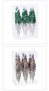 Detail view of 6-piece glittery water-drop Christmas ornaments in green and gold finish