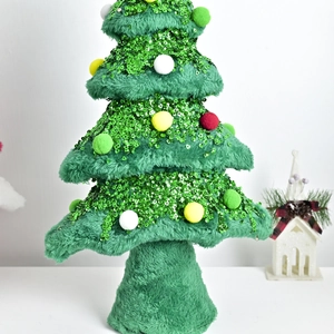 Mini green plush Christmas tree with sequins and colorful pom poms for table decor
