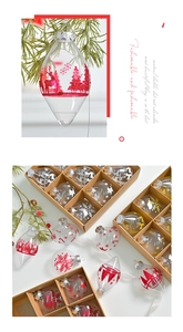 Detail of assorted clear PET Christmas ornaments with festive glitter patterns in a box