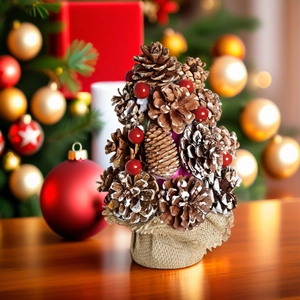 Mini pine cone Christmas tree with red berries and burlap base on wooden surface