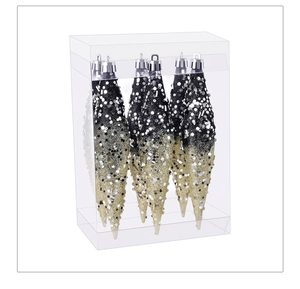 Detail view of 6pcs black and gold gradient icicle Christmas ornaments with silver sequins