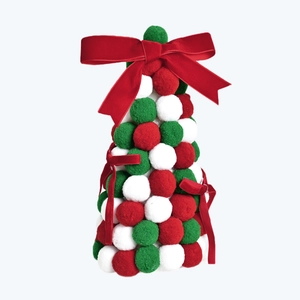 Christmas tree desktop ornament with red, green, and white pom-poms and a velvet bow