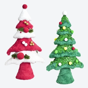 Miniature plush Christmas tree table decorations with festive fur and sequin ornaments