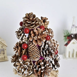 Mini pinecone Christmas tree with red berries and burlap base for holiday home decor