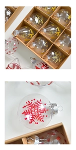 Detailed view of clear Christmas ornaments with deer and snowflake patterns in a gift box