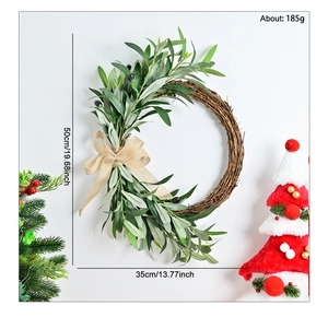50cm Olive wreath with burlap bow and berries dimensions showing on white background