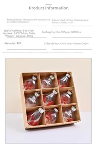 Nine-piece clear PET Christmas ornament set with red snowflake patterns in a kraft gift box