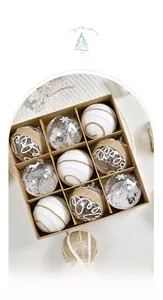 Macro detail of 9pcs rustic Christmas balls in kraft box with burlap and glitter motifs