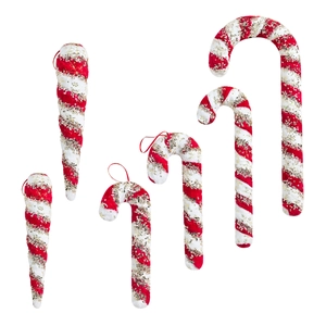 5-piece red and white candy cane and icicle Christmas ornaments with glitter details