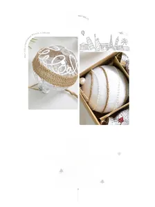 Detail of rustic Christmas balls with linen ribbon, pearl chains and twine ornaments