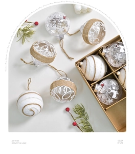 Detail of 9pcs Christmas balls with reindeer silhouettes and pearls in a kraft box