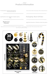 Infografica del set di 30 palline di Natale nere e oro con dettagli su dimensioni e materiali