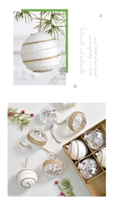 Detail of Christmas tree ornaments with linen ribbons, pearls, and reindeer prints